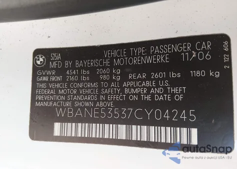 2007 BMW 525I from USA, damaged, VIN WBANE53537CY04245